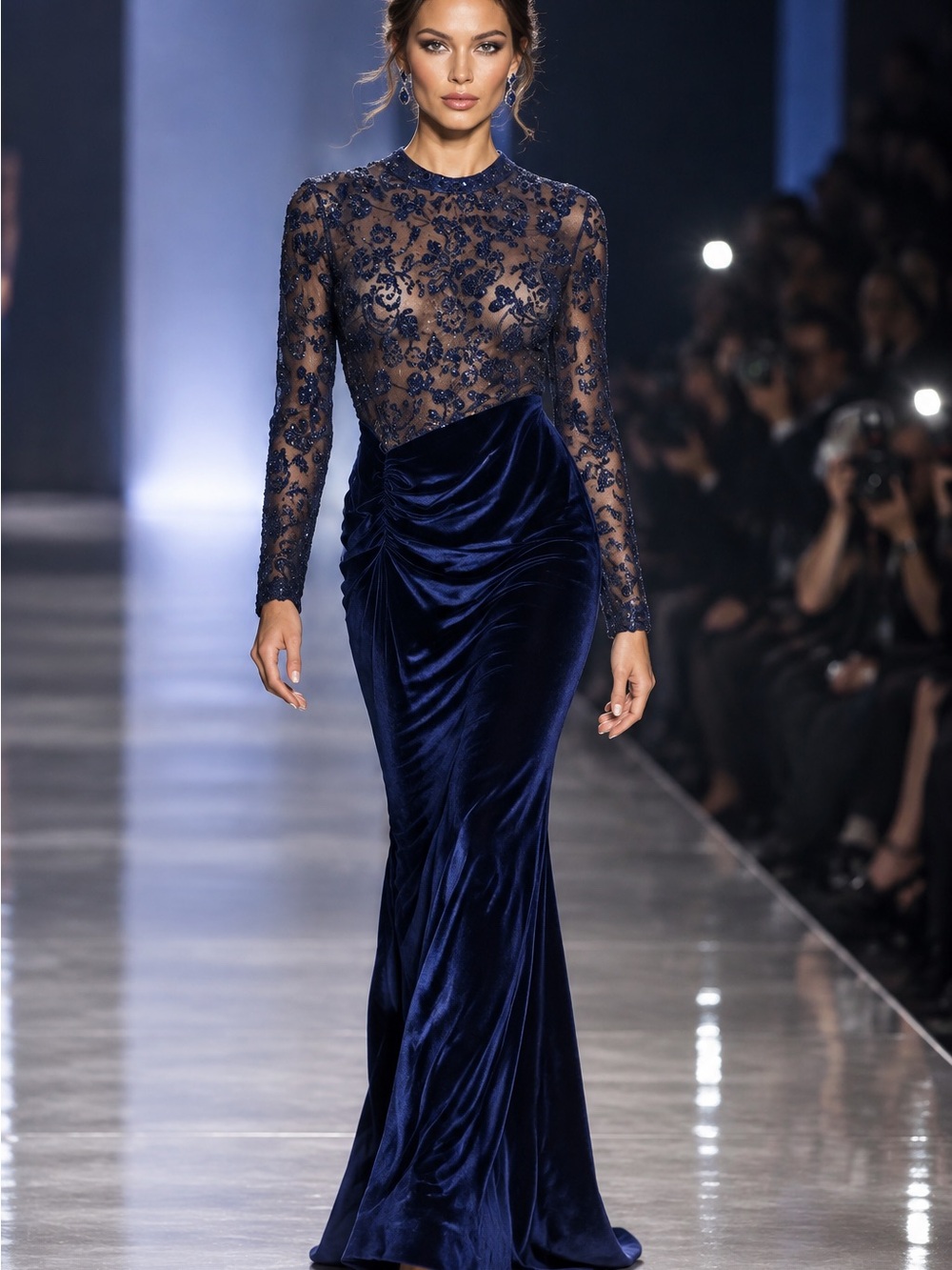Missord Elegant Navy Lace & Velvet Evening Gown